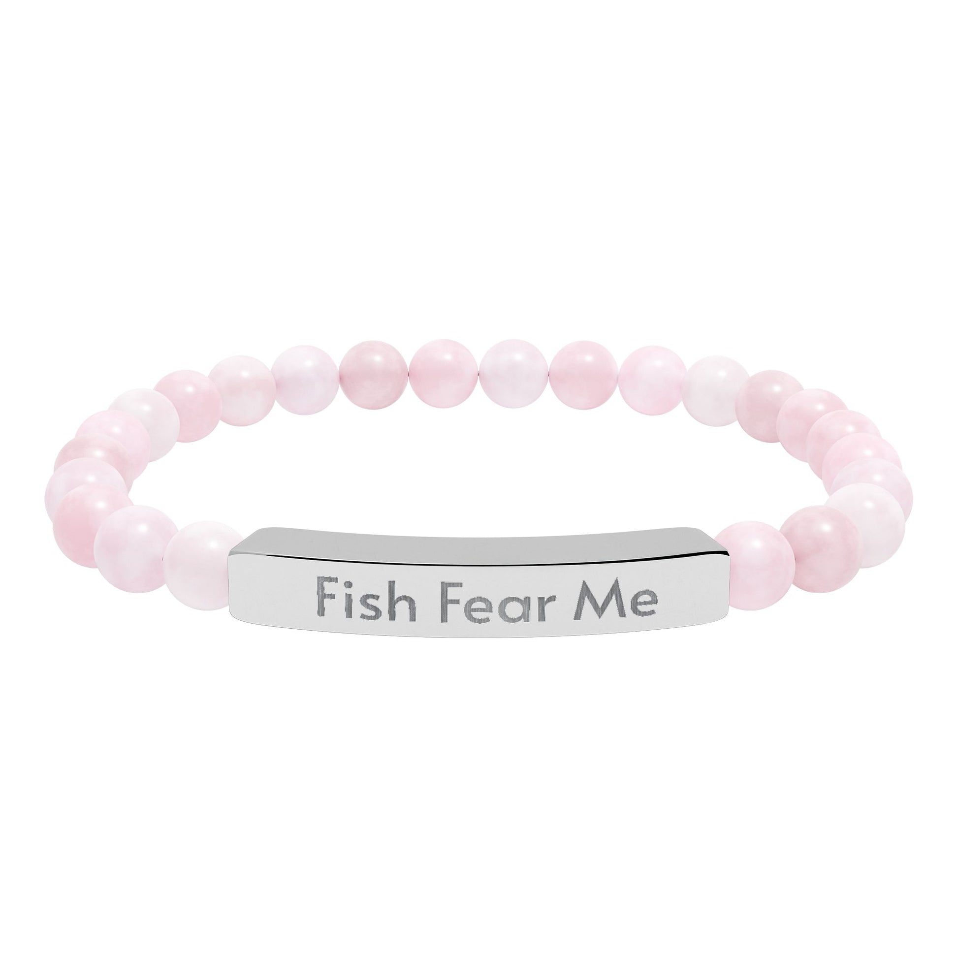 Pink beaded bracelet with a silver bar featuring 'Fish Fear Me' on a white background