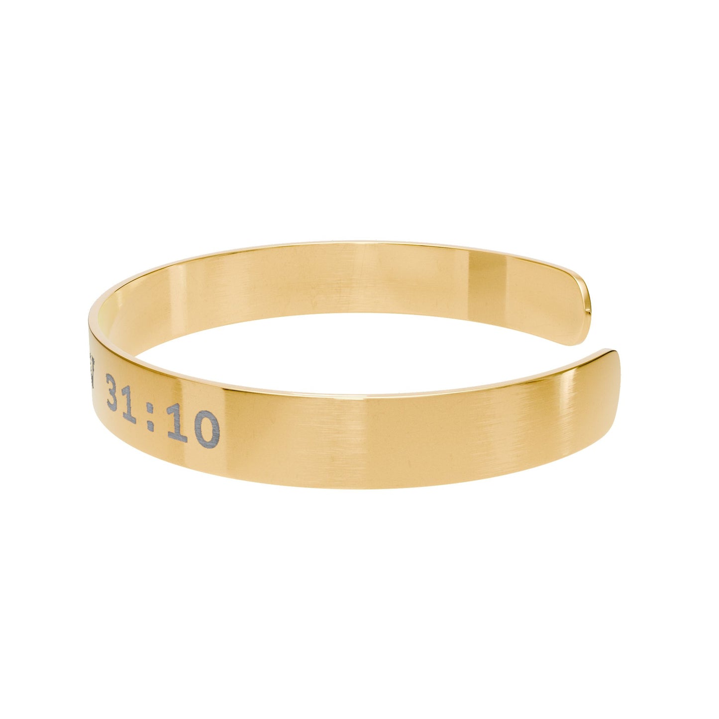 Gold bracelet with engraved text on a white background