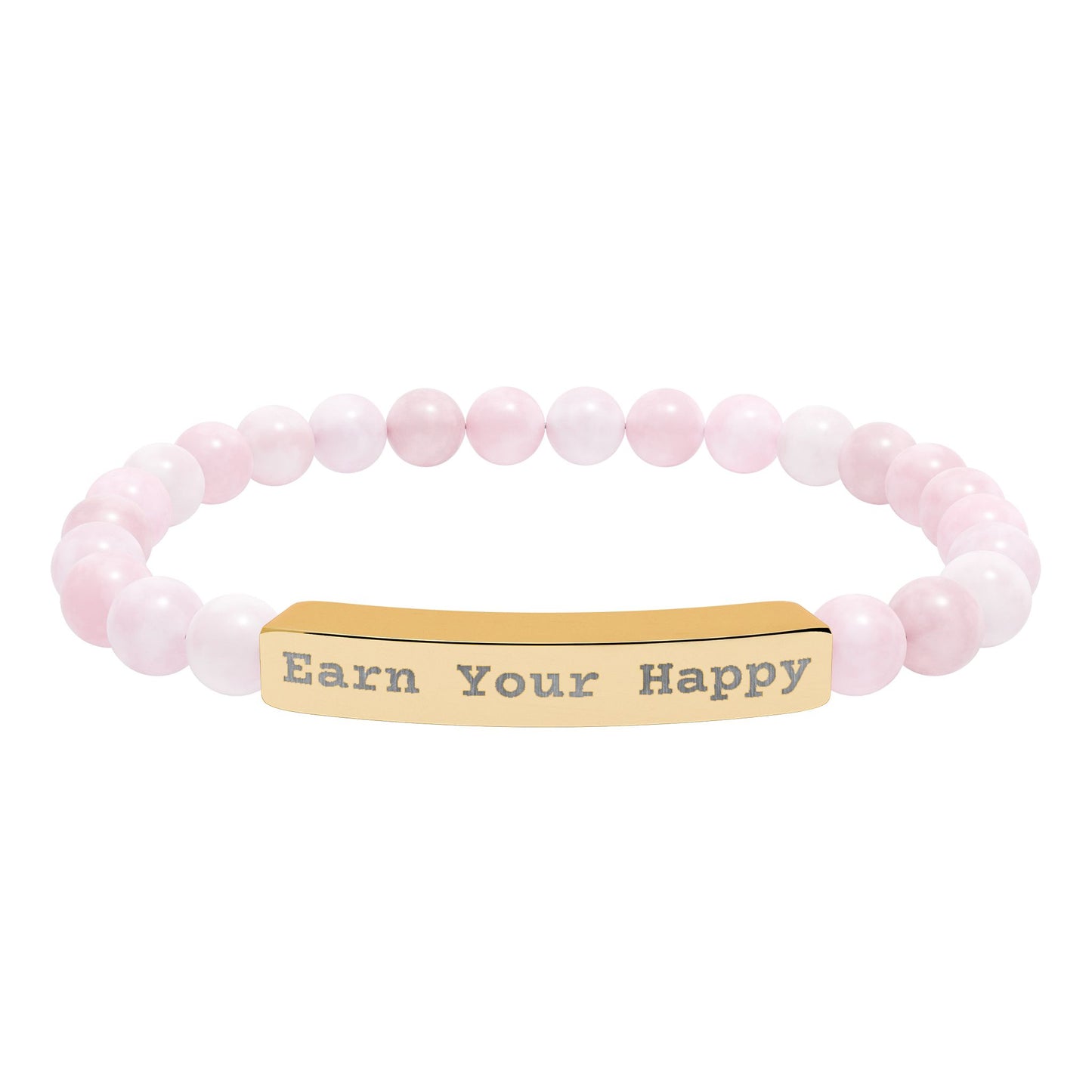 Natural Stone stretch beaded bracelet with a gold bar featuring 'Earn Your Happy' on a white background