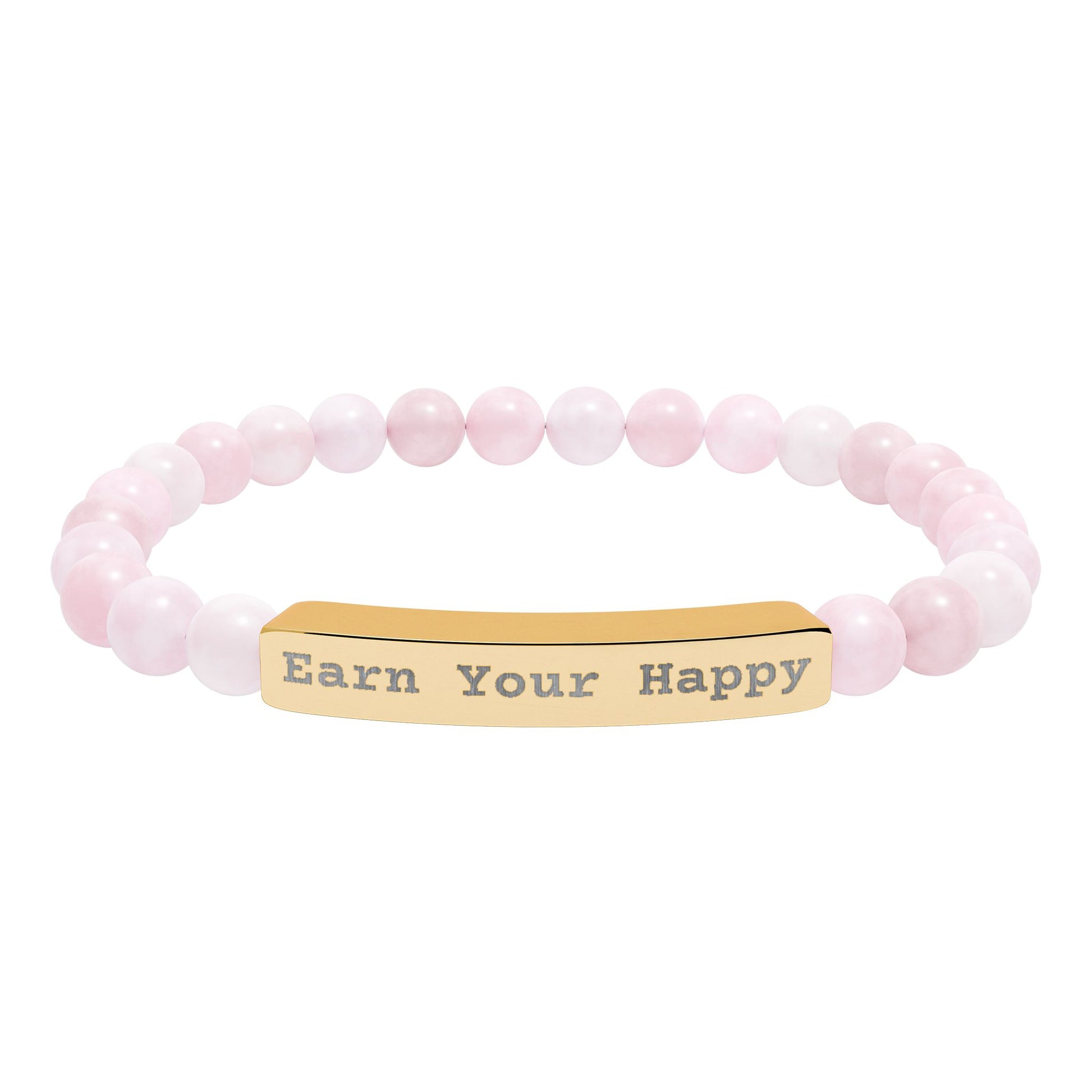 Natural Stone stretch beaded bracelet with a gold bar featuring 'Earn Your Happy' on a white background