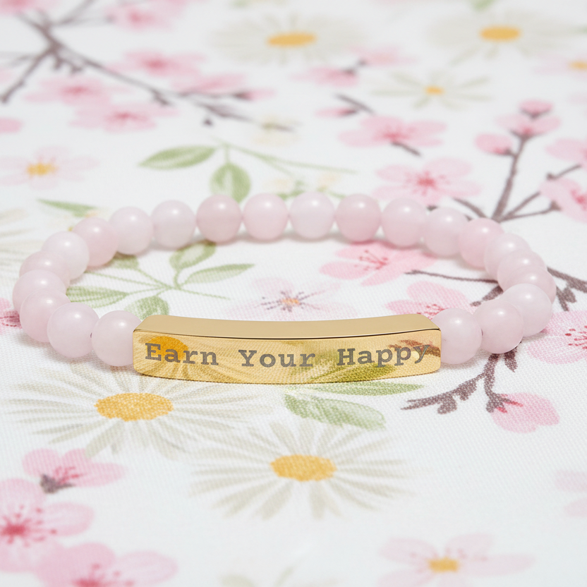 Natural Stone stretch beaded bracelet with 'Earn Your Happy' bar on a floral background