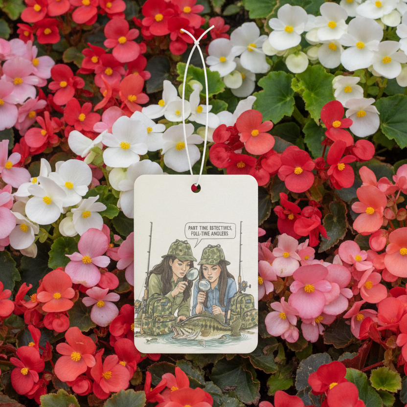 Car air freshener with illustration of two people and a fish surrounded by colorful flowers