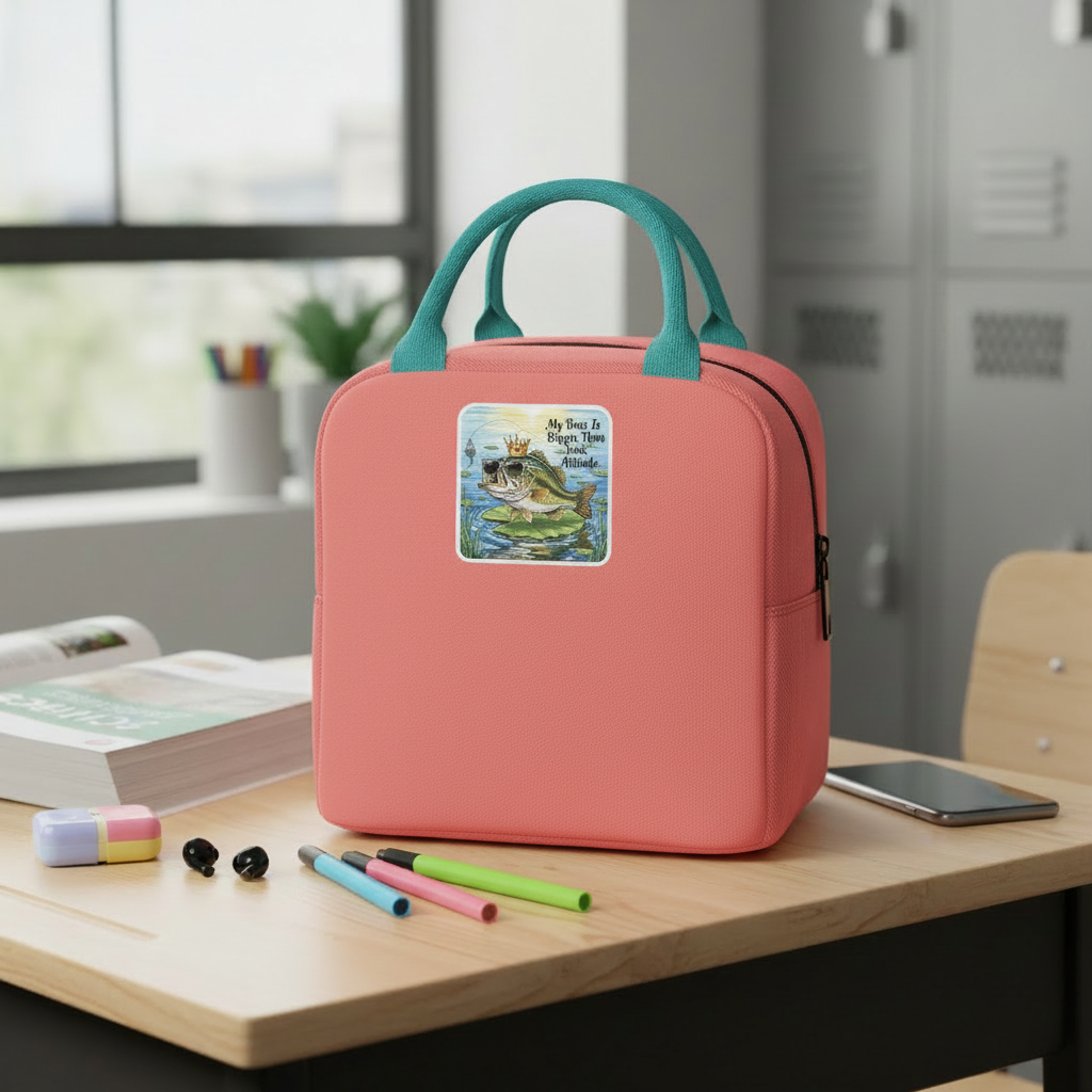 Bass fishing decal on pink bag with a handle on a desk with stationery items