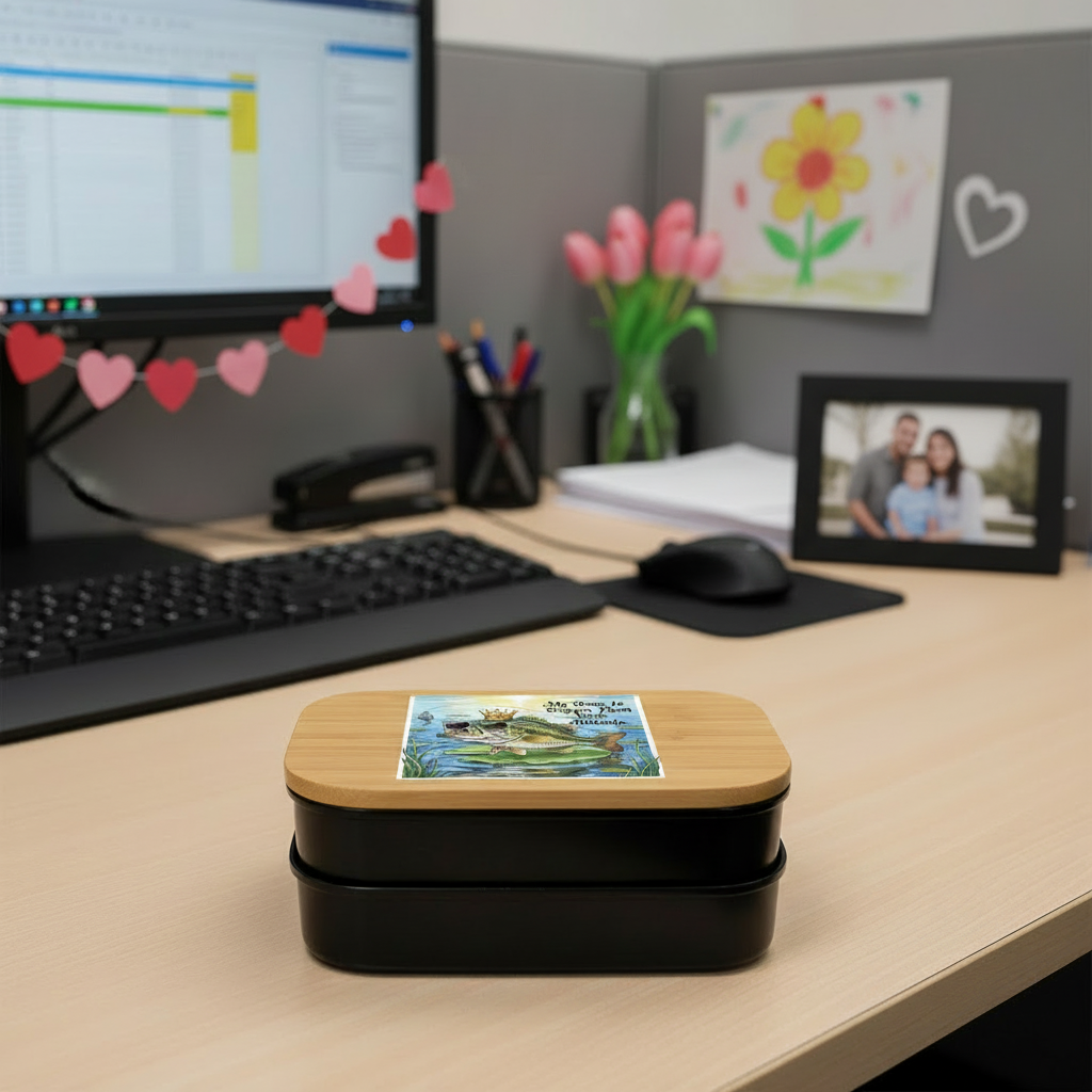 Benito style lunch box with sticker on a desk with a computer and decorative elements in the background.
