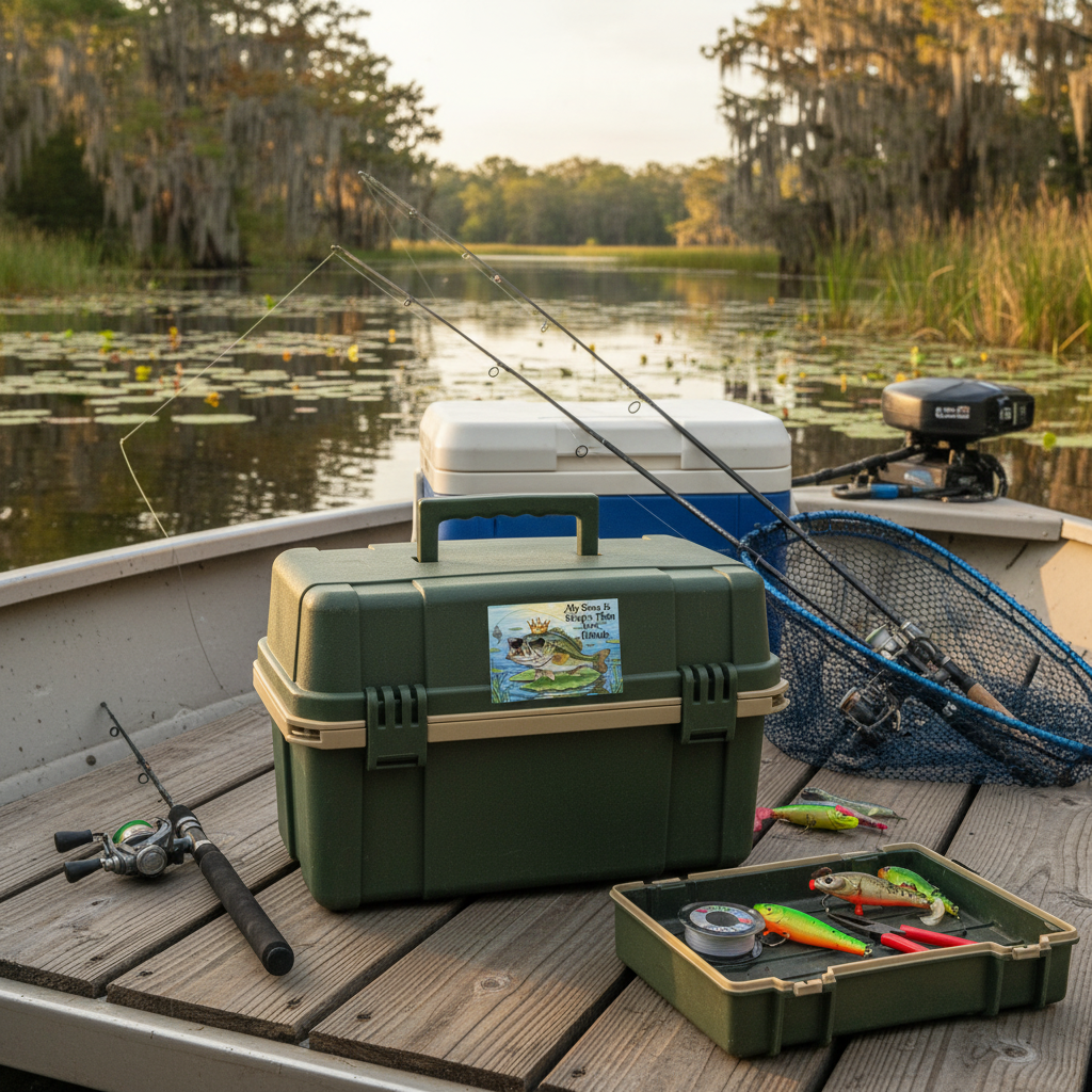 Fishing decal on fishing gear including a green tackle box, fishing rods, and lures on a boat deck with a lake and trees in the background.