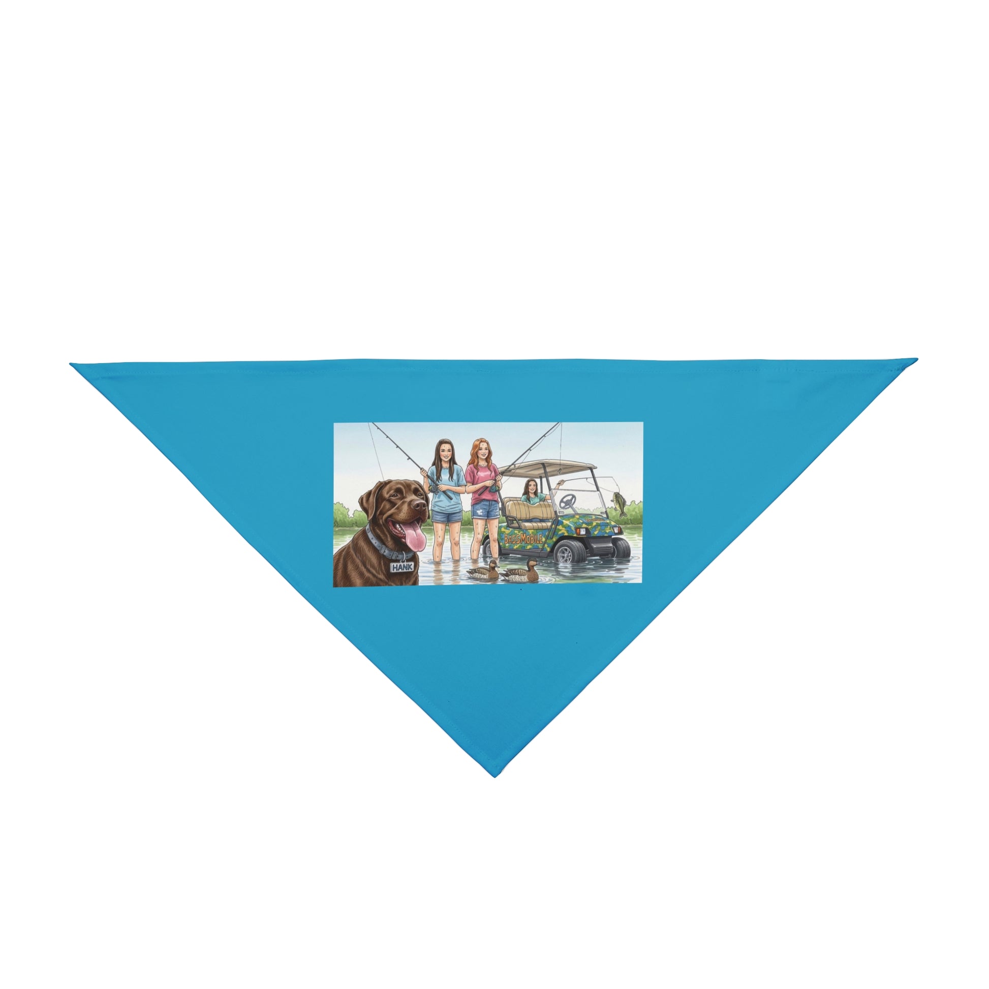 Blue triangular bandana with a printed design of two people and a dog by a vehicle on a white background.