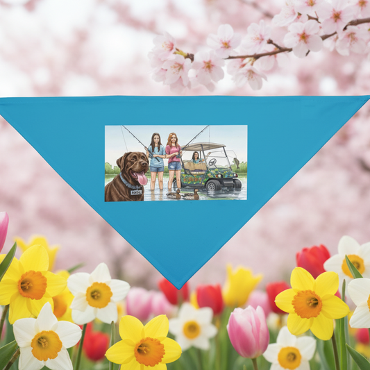 Dog pet bandana with a chocolate lab bass mobile golf cart on a spring flowers in bloom background.