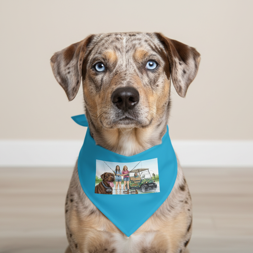 a chatahoula leopard dog with a blue bandana on 
