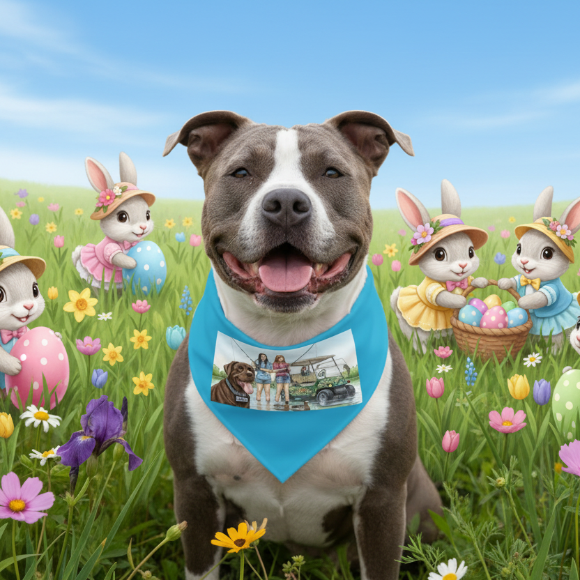 Dog wearing a blue bandana with a picture of a dog and a car, surrounded by cartoon bunnies and Easter eggs in a field.