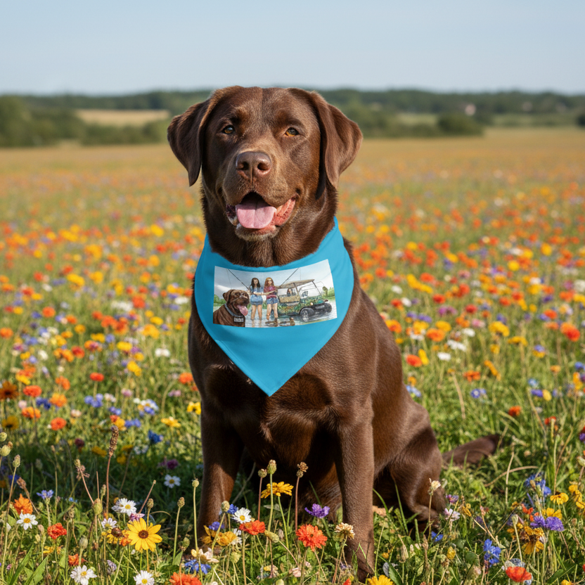 a chocolate lab with a blue bandana in a wildflower field in bloom