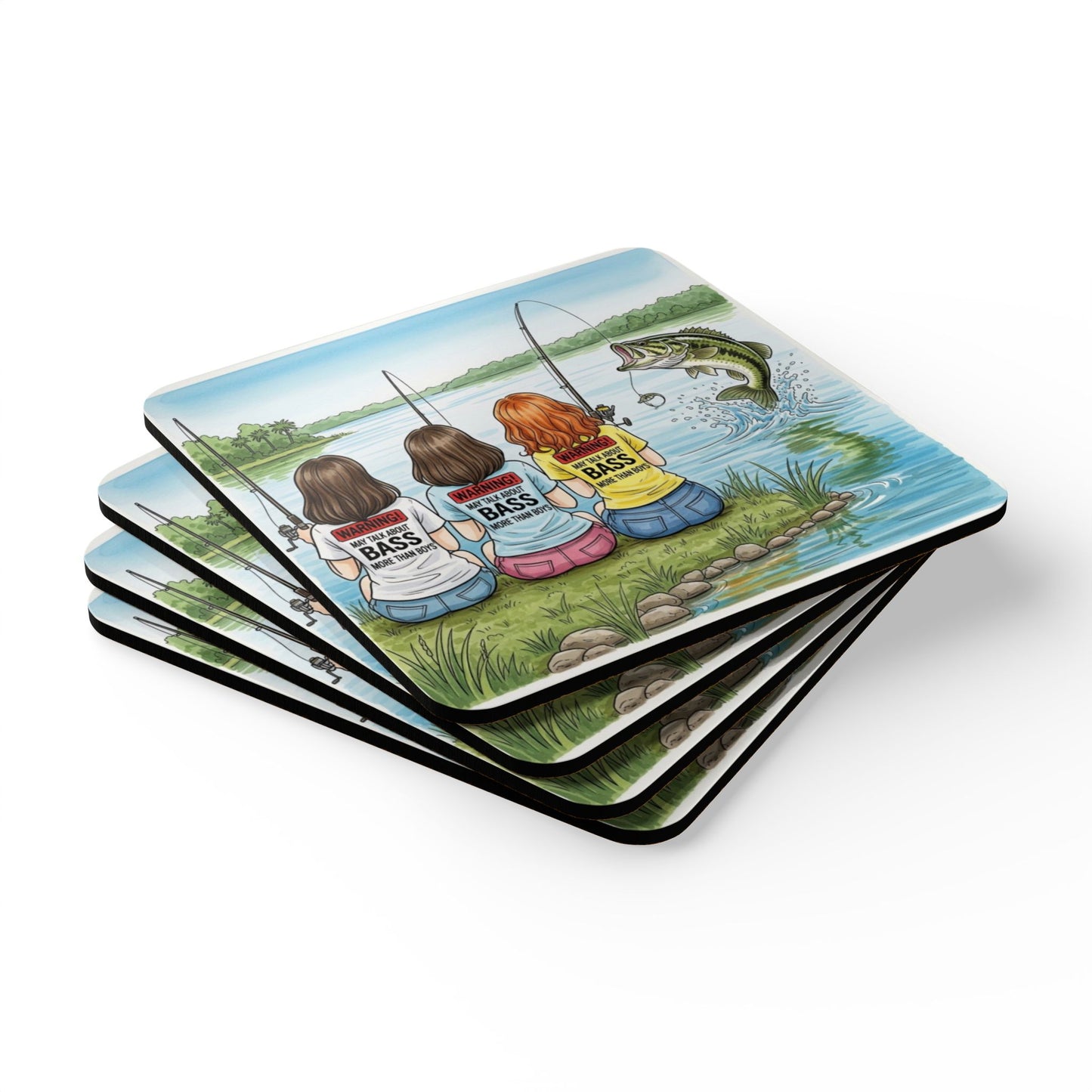 Set of four coasters with a fishing-themed design on a white background