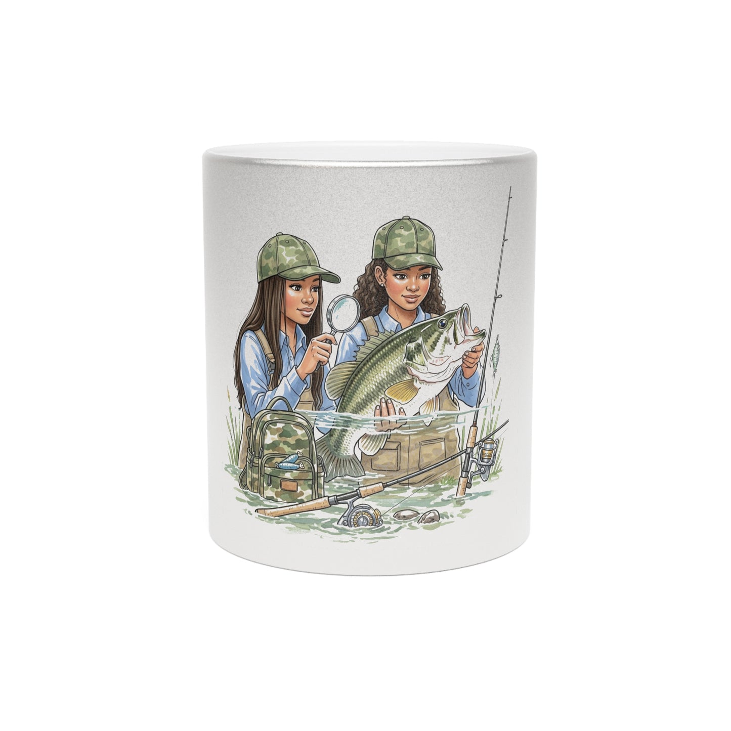 Mug with illustration of two women studying fishing, one holding a fish and the other holding a fishing rod.