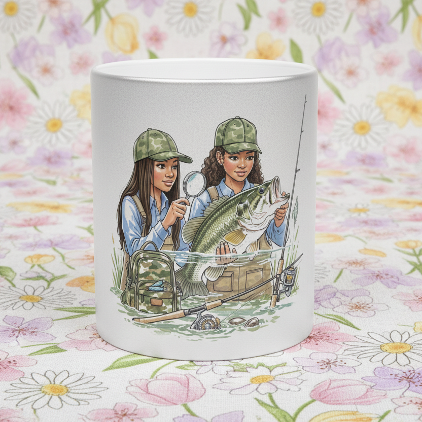 Mug with illustration of two women studying fishing on a floral background