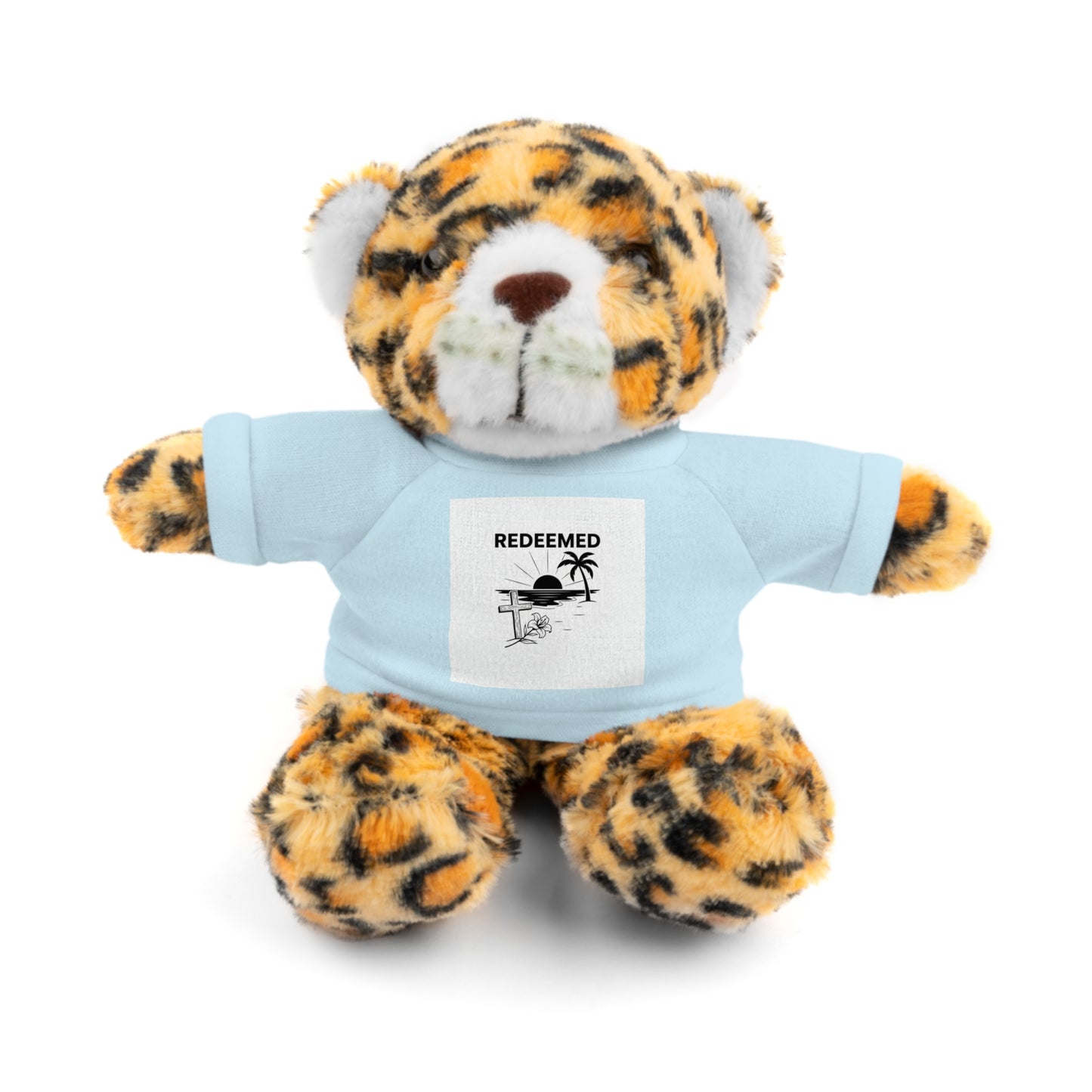 Plush toy tiger wearing a blue shirt with a 'REDEEMED' graphic on a white background