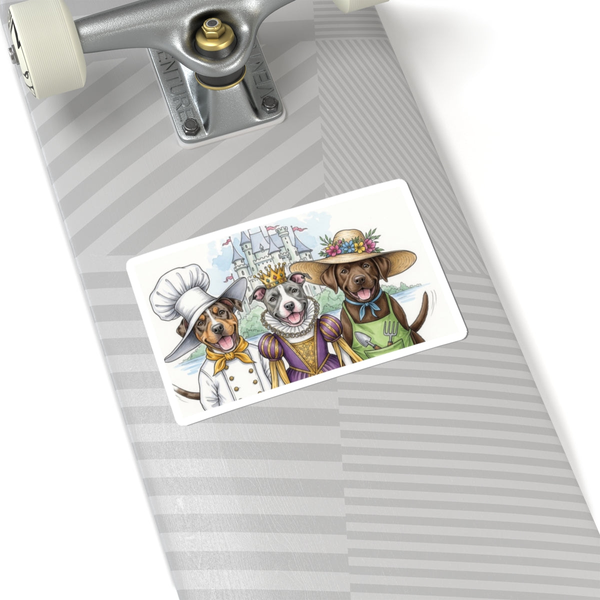 Decal of three dogs from the storybook "The Golden Bone" on the underside of a skateboard.