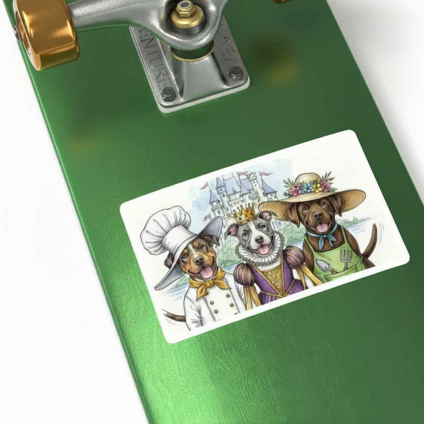 Green skateboard deck with a sticker of dogs in costumes on a white background