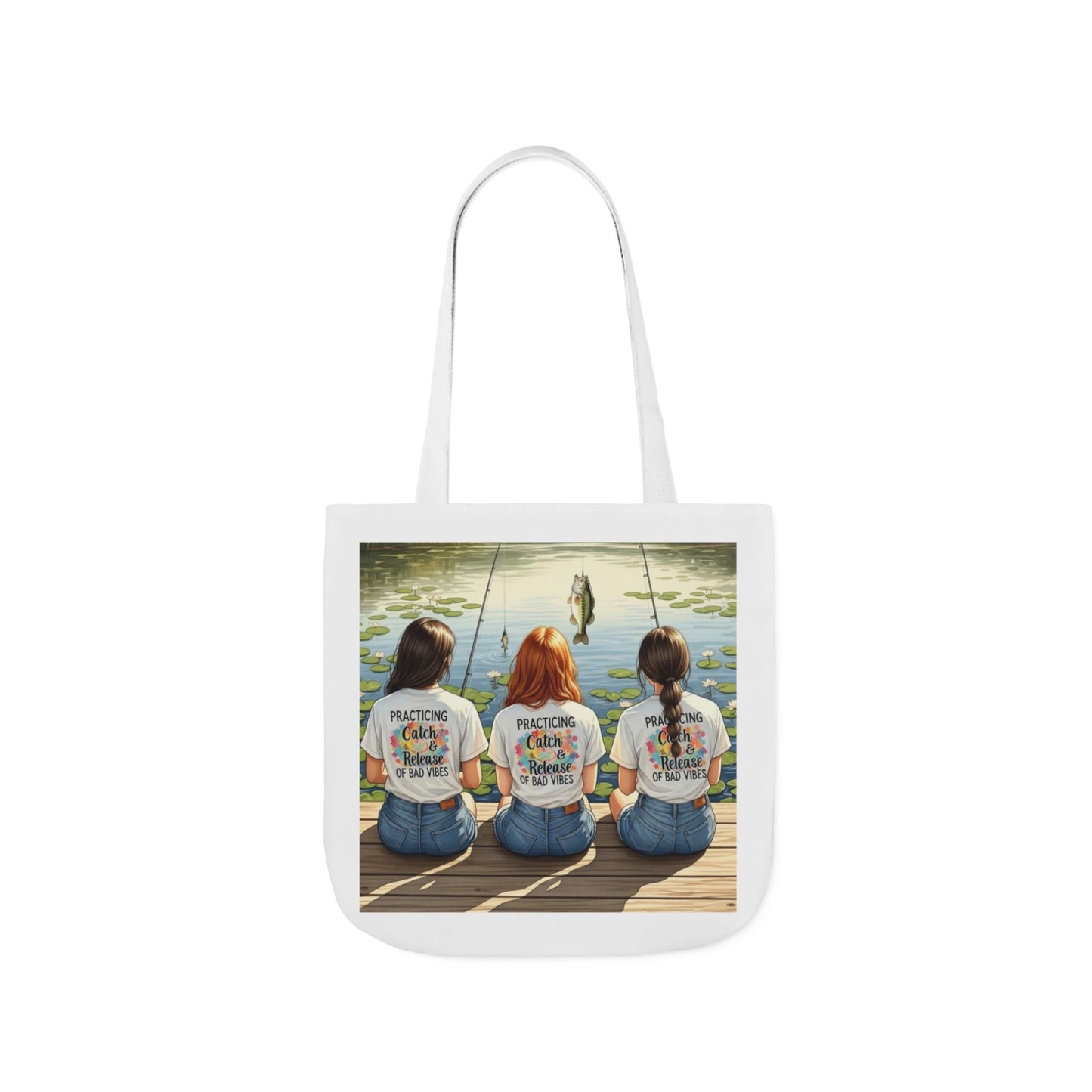 Tote bag with a printed design of three women fishing on a dock.