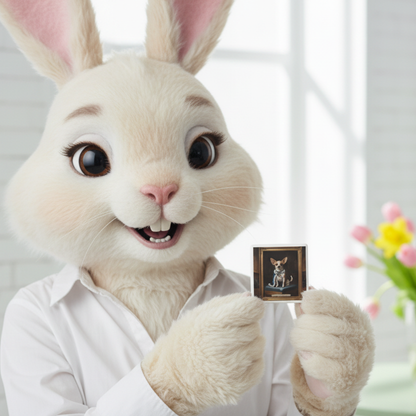 White rabbit character holding a photo frame with a cat inside, against a light background.