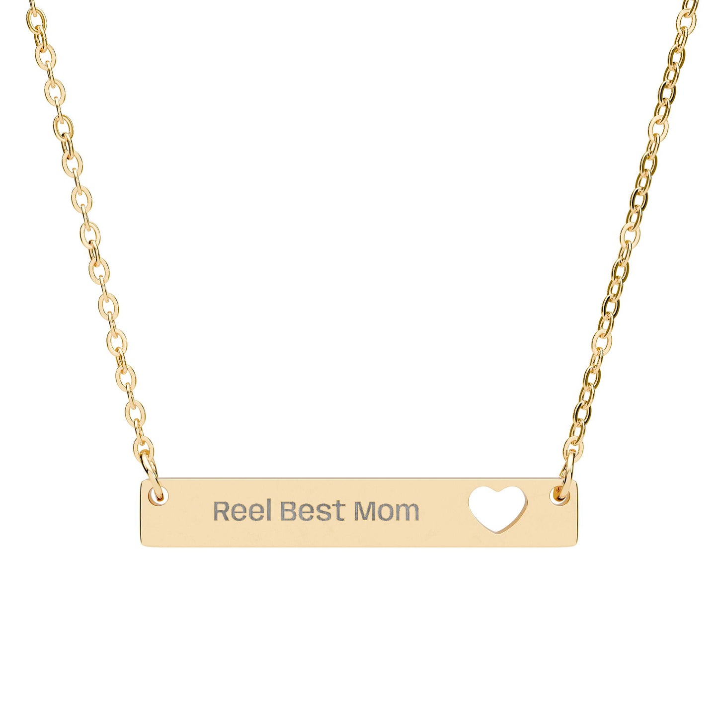 Gold necklace with a bar pendant and heart cutout on a white background that is engraved "Reel Best Mom"