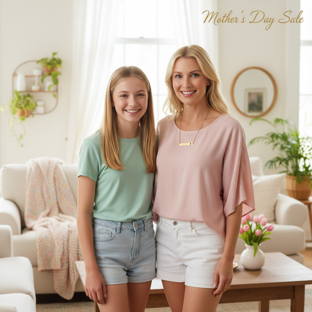 Gold necklace with 'Real Best Mom' pendant on a mom and her daughter celebrating Mother's Day