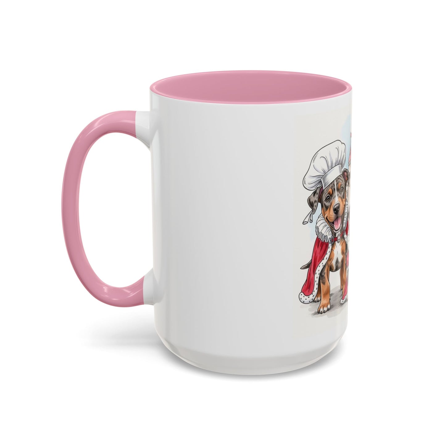 White mug with pink handle and interior, featuring a dog illustration on a white background
