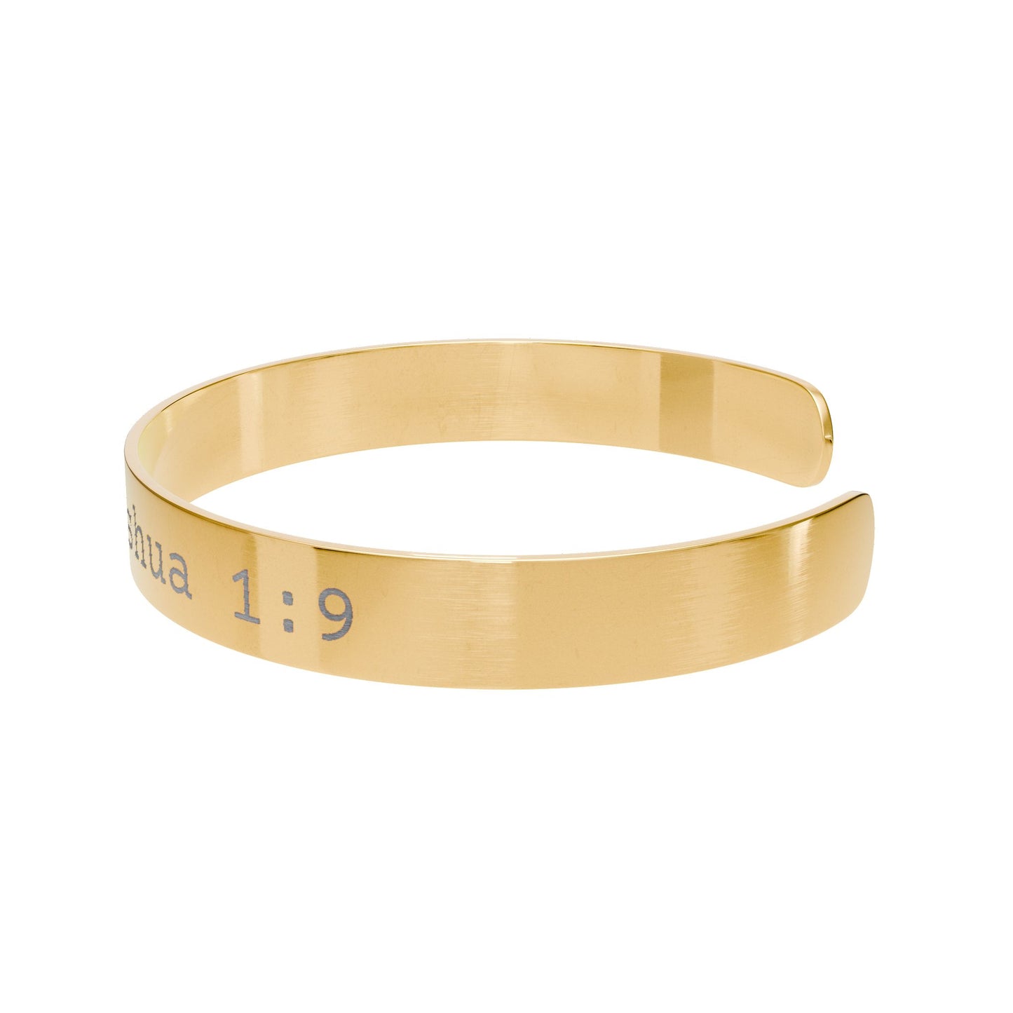 Gold bracelet with engraved text on a white background