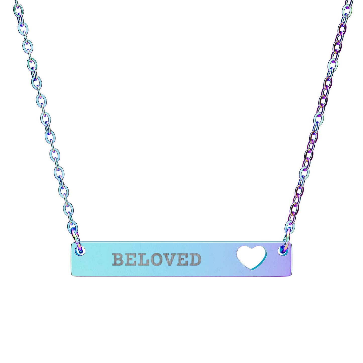 Necklace with 'Beloved' bar pendant on a white background