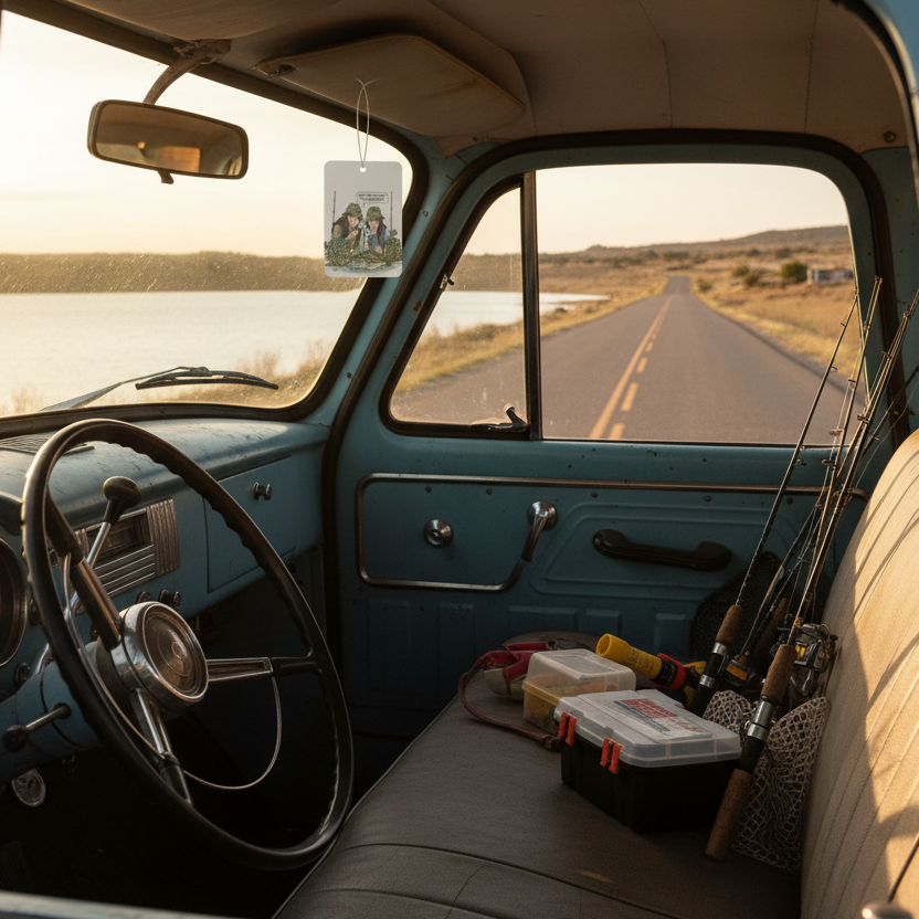 Vintage car interior with truck air freshener,fishing gear and scenic view through the window