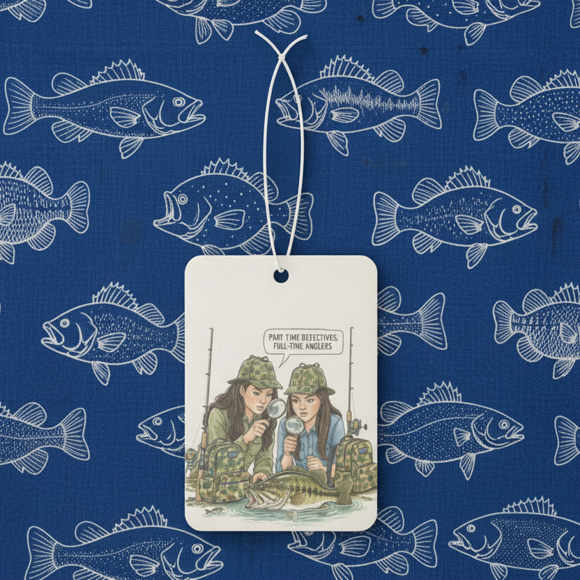 Air freshener tag with illustration of two people and a fish on a blue background with fish patterns
