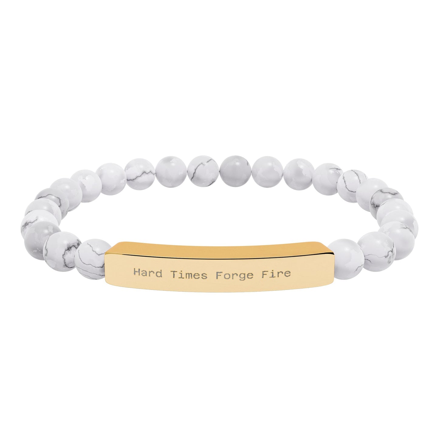 Hard TImes Forge Fire Natural Stone - Bracelet with white beads and gold tag on a white background