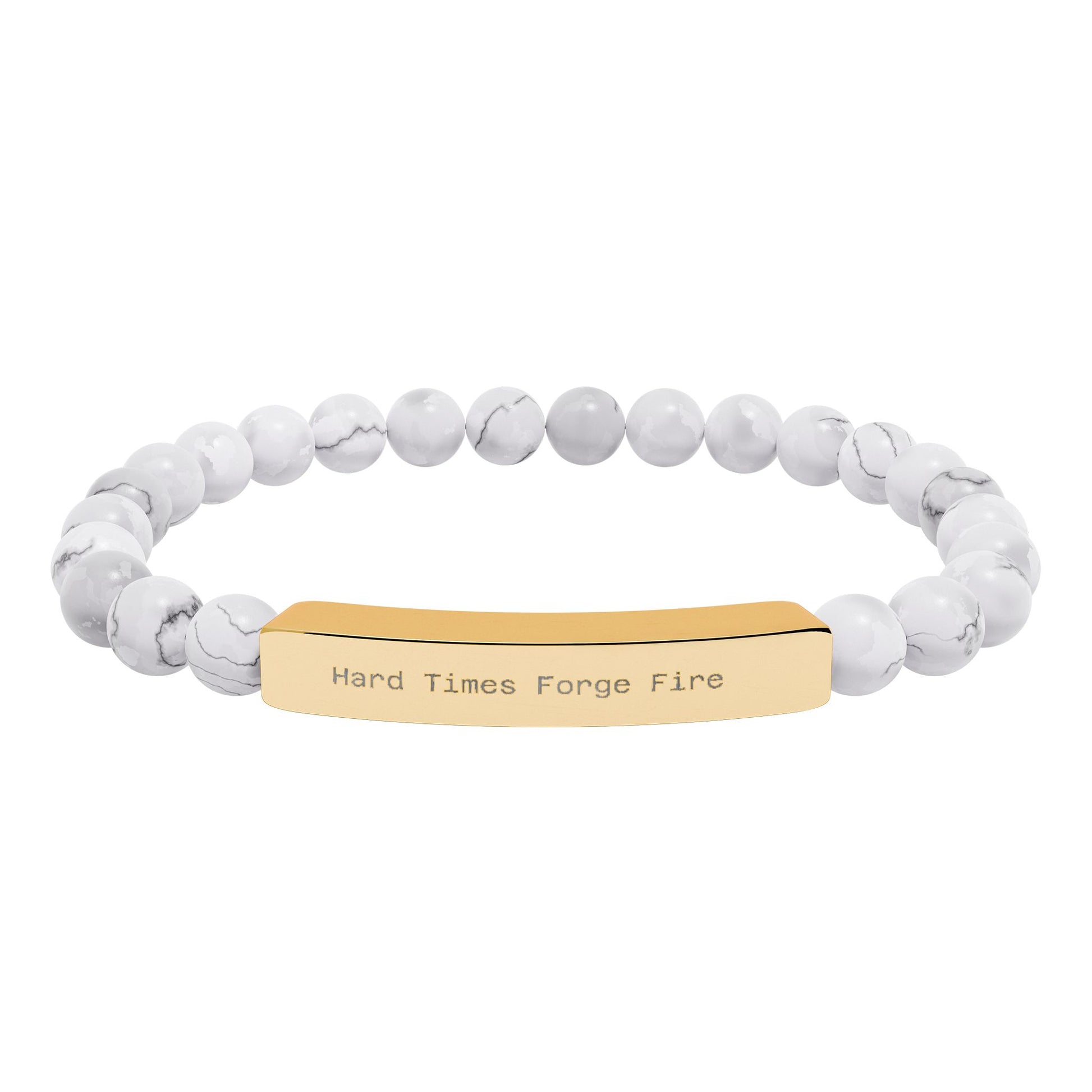 Hard TImes Forge Fire Natural Stone - Bracelet with white beads and gold tag on a white background