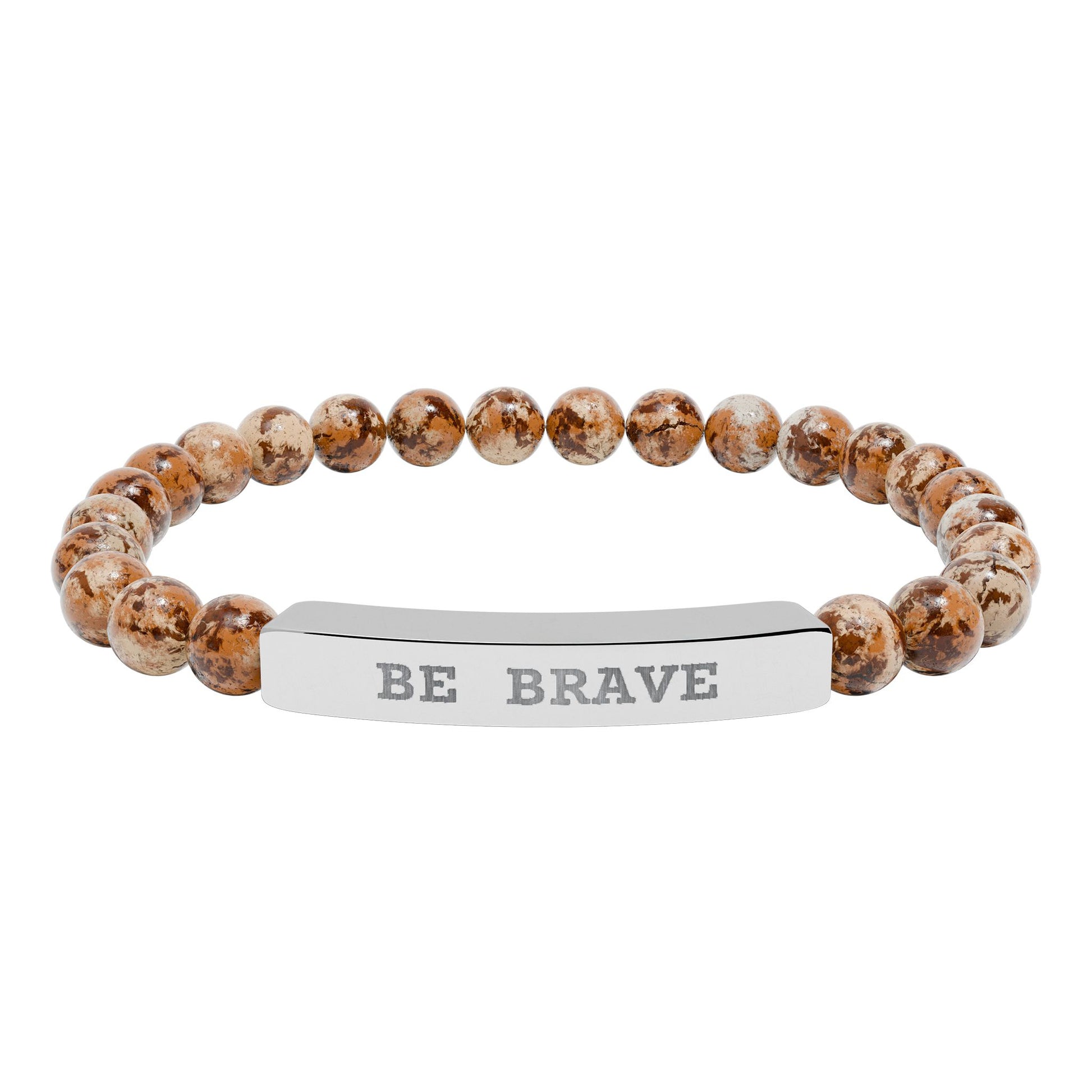 Bracelet with brown natural stone beads and 'BE BRAVE'  engraved on silver bar on a white background