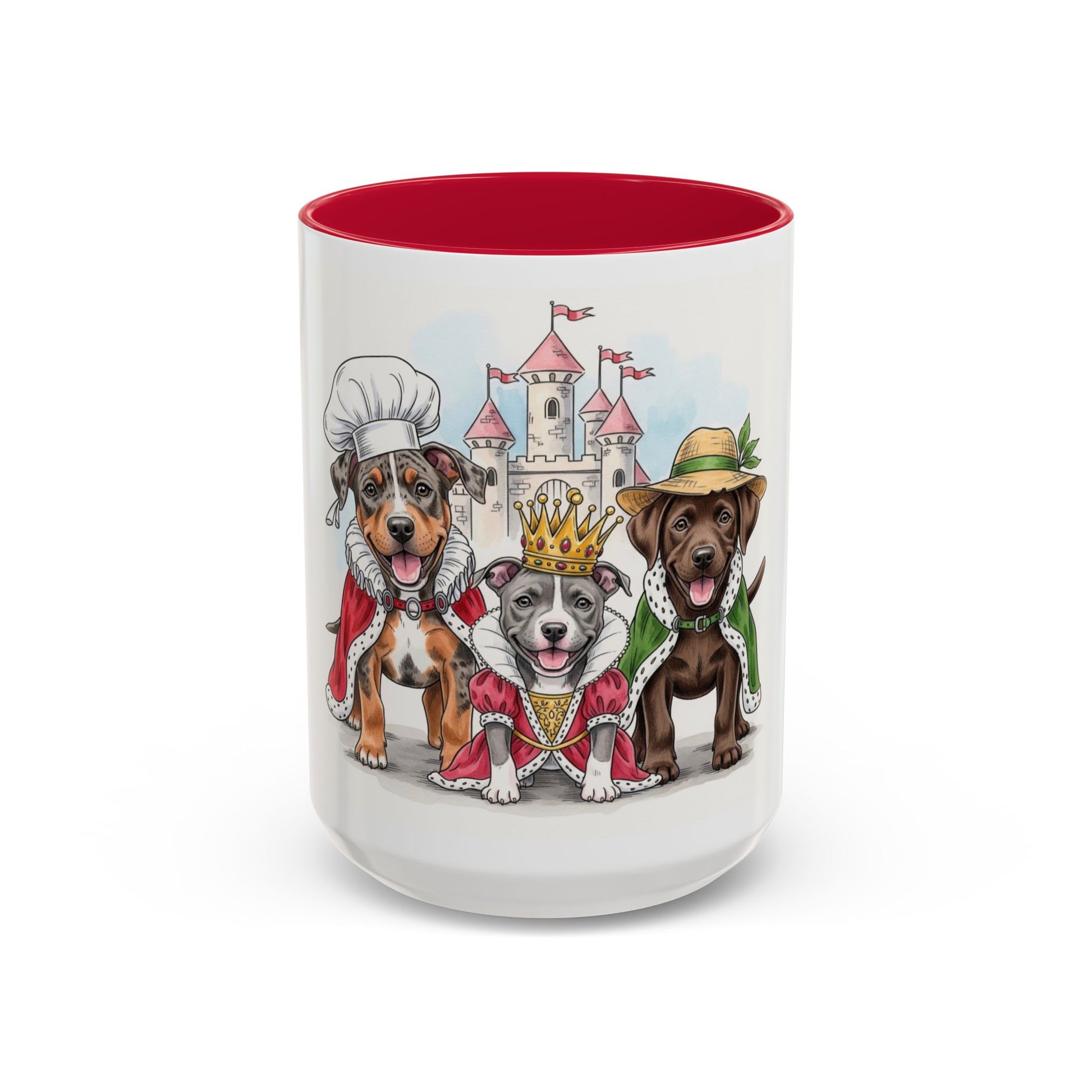 Mug with cartoon dogs in costumes and a castle design on a white background