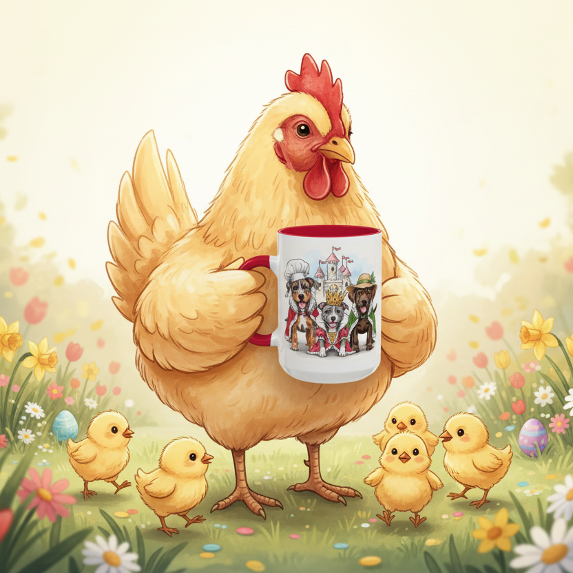 Illustration of a rooster holding a mug with dog illustrations, surrounded by chicks and Easter eggs in a garden setting.