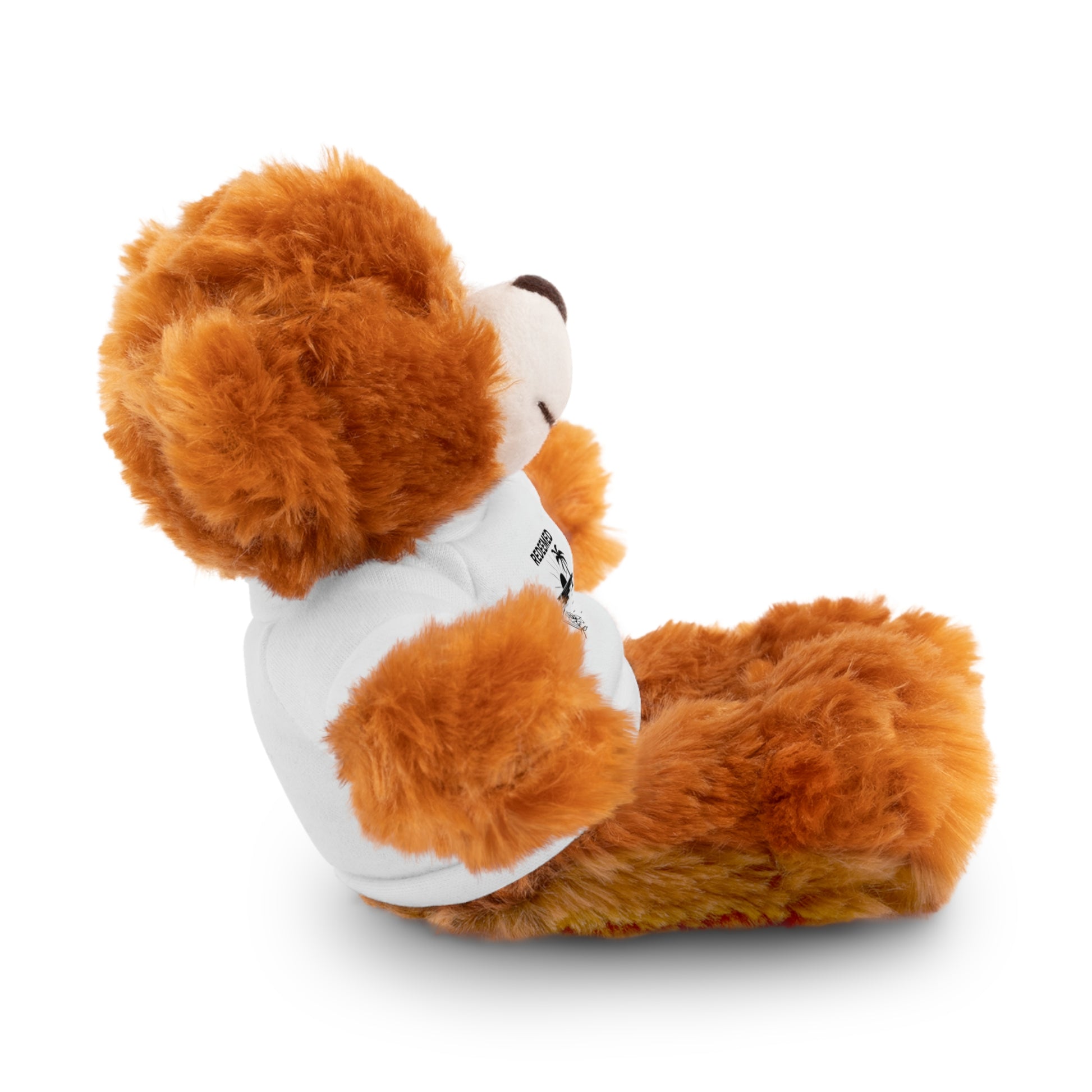 Plush toy fox wearing a white shirt on a white background