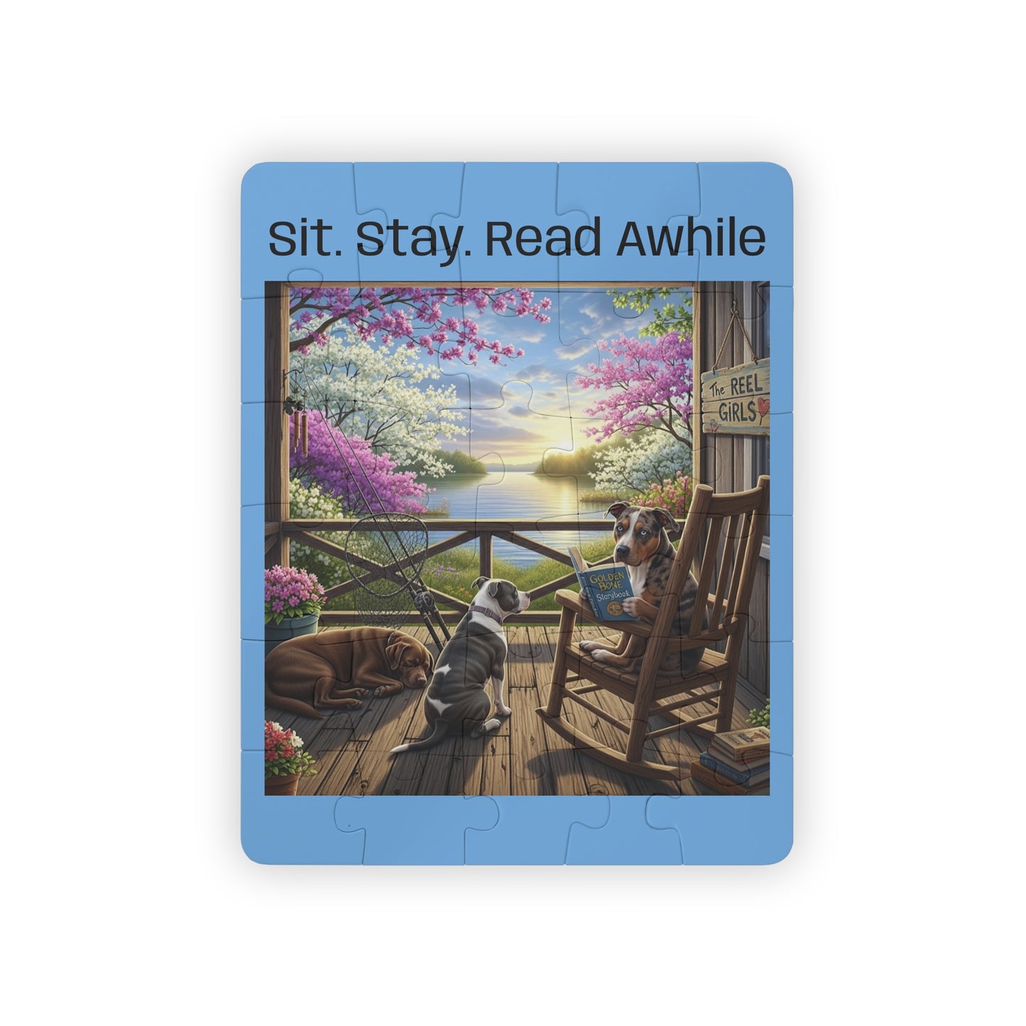 Puzzle with a scenic design of dogs on a porch and text 'Sit. Stay. Read Awhile'.