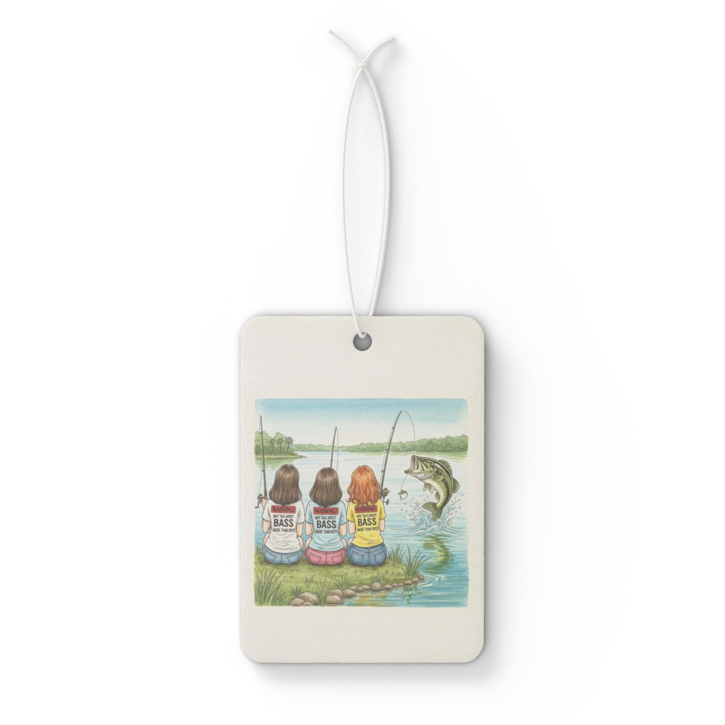 Decorative air freshener with illustration of three people fishing on a lake