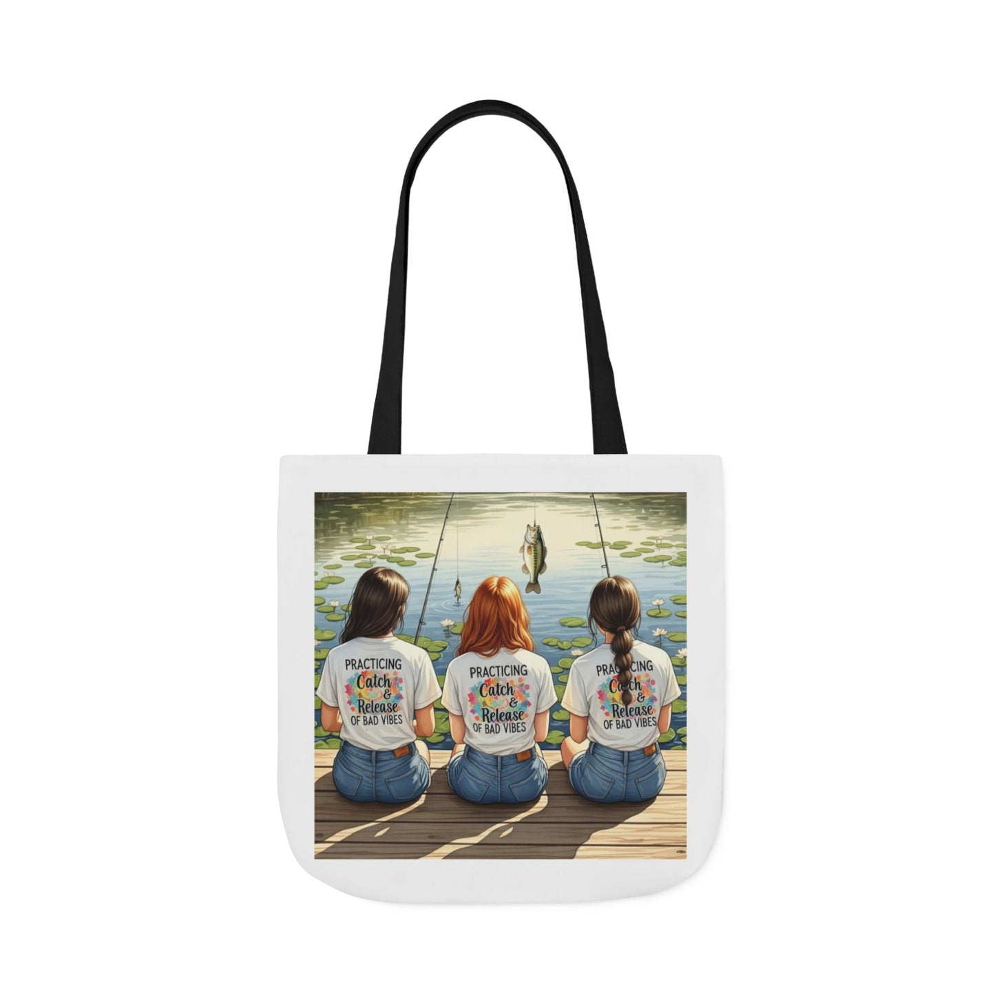 Tote bag with a printed design of three women fishing on a dock.