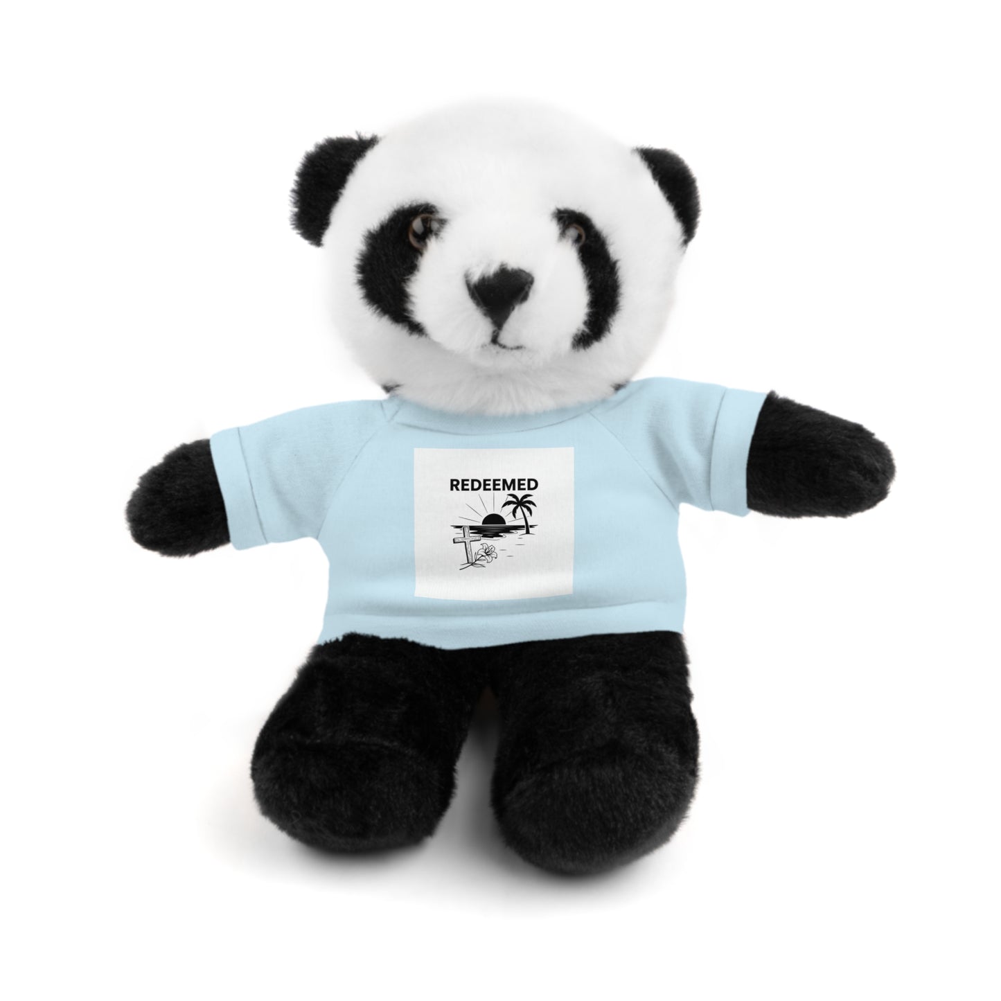 Plush panda bear wearing a light blue shirt with a graphic and text on a white background