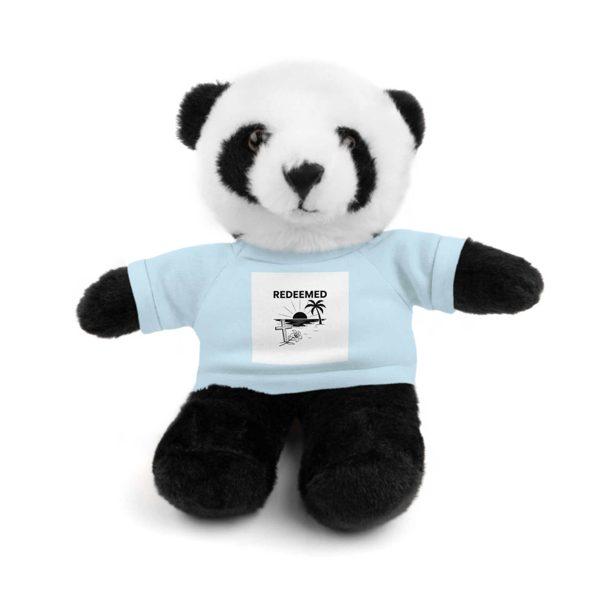 Plush panda bear wearing a light blue shirt with a graphic and text on a white background