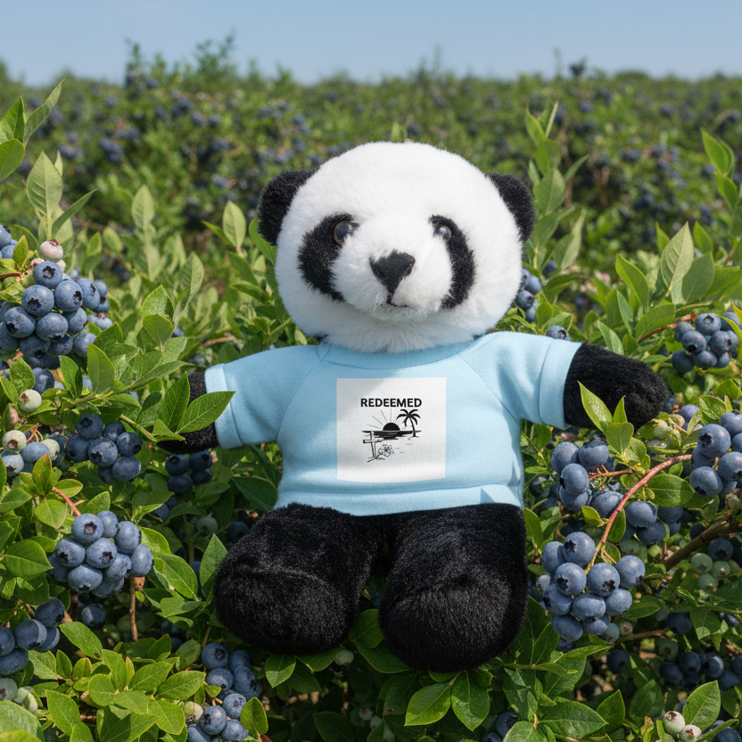 Stuffed Panda bear with light blue t-shirt sitting in a blueberry field