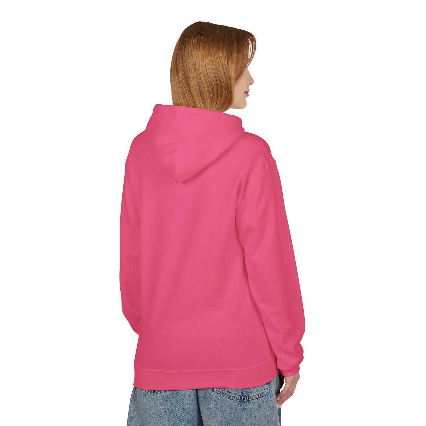 Person wearing a pink hoodie on a white background