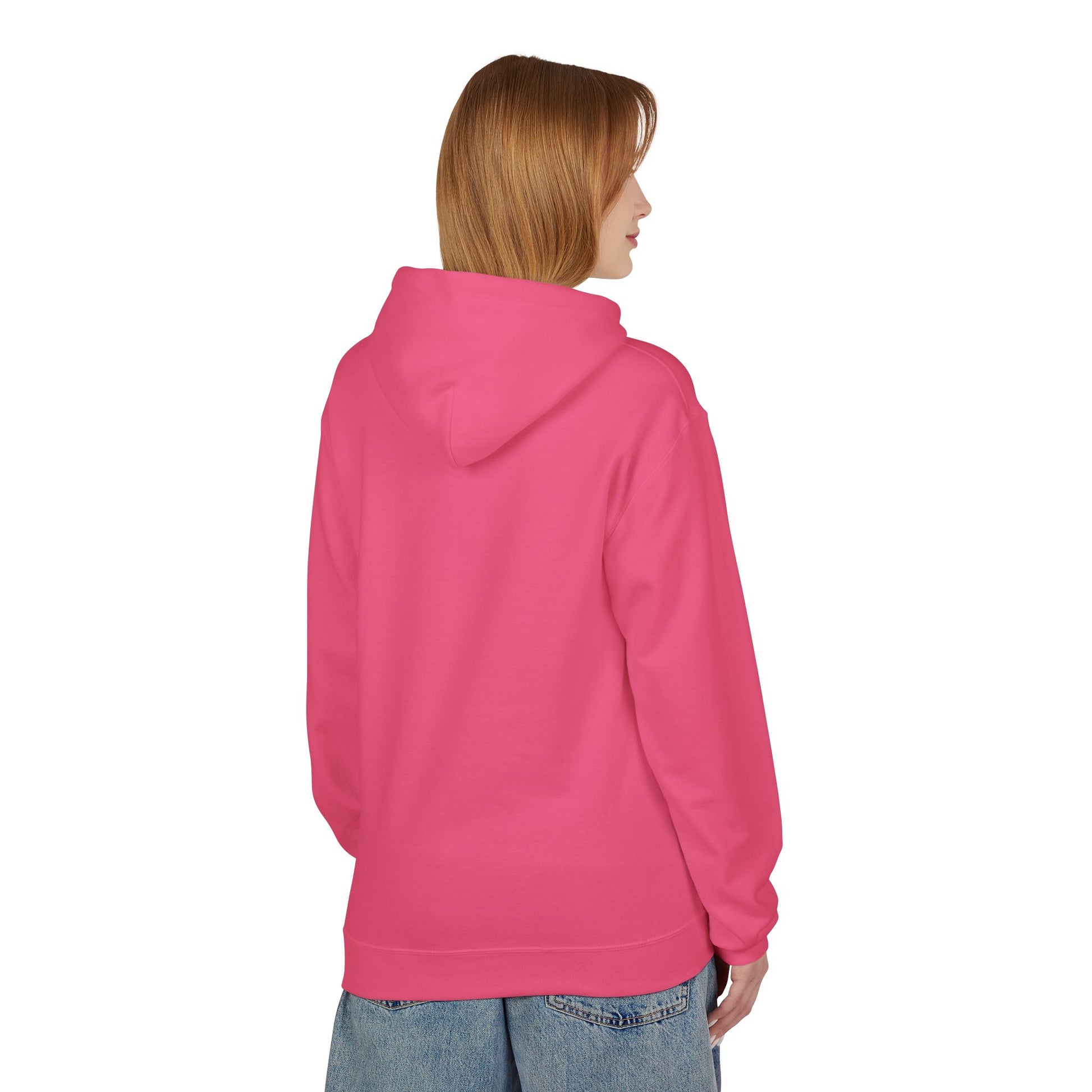 Person wearing a pink hoodie on a white background