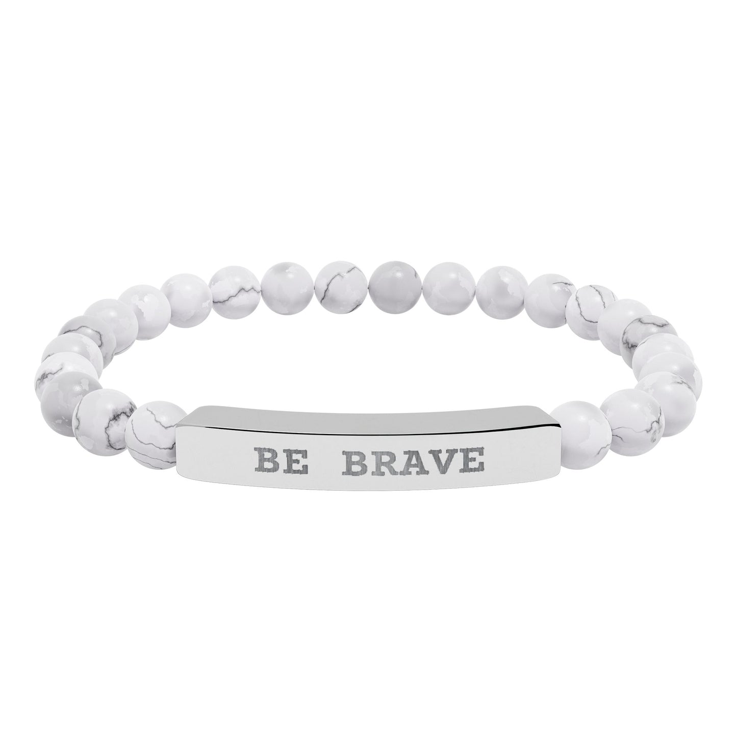 Natural Stone stretch bracelet with "Be Brave" engraved on silver bar on a white background.