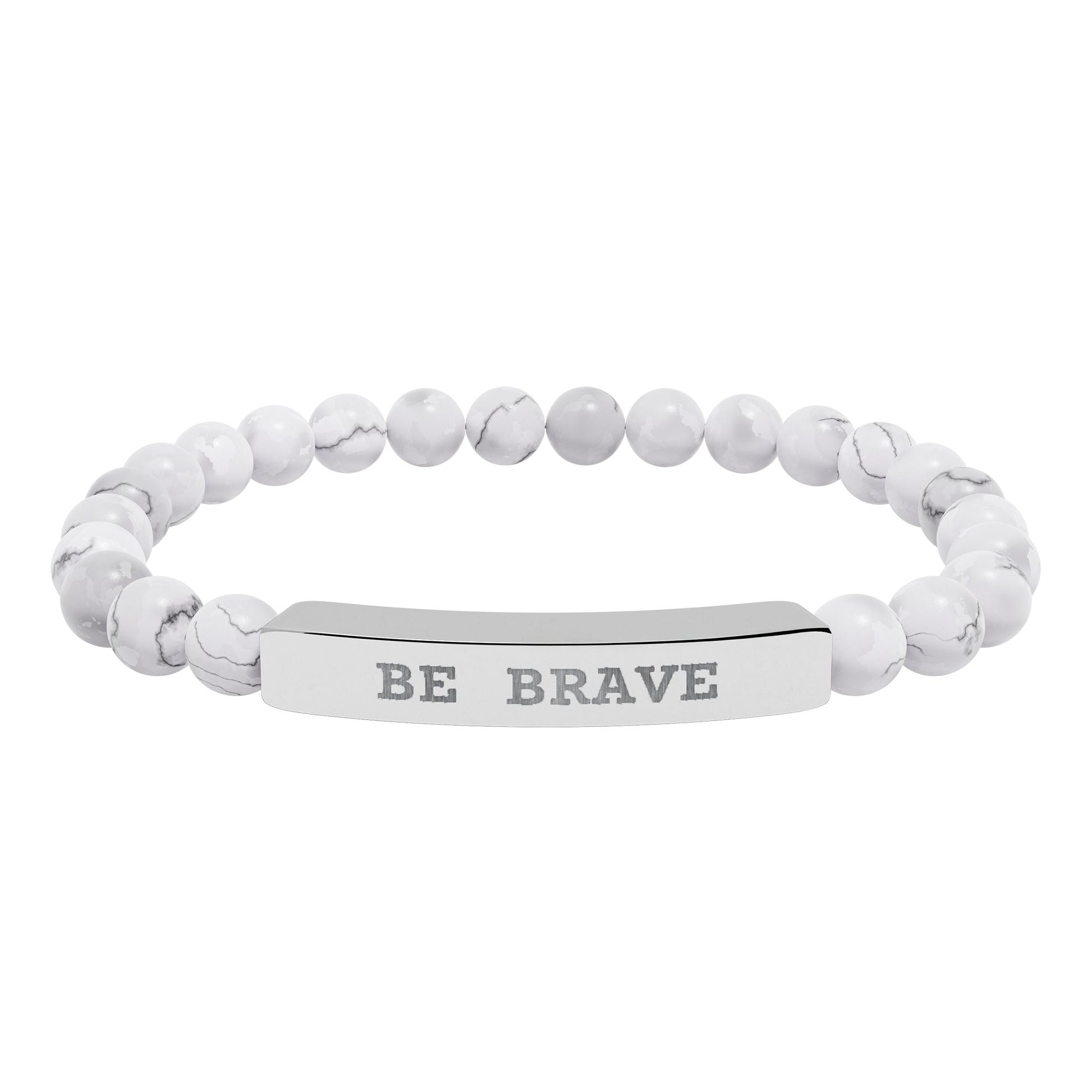 Natural Stone stretch bracelet with "Be Brave" engraved on silver bar on a white background.