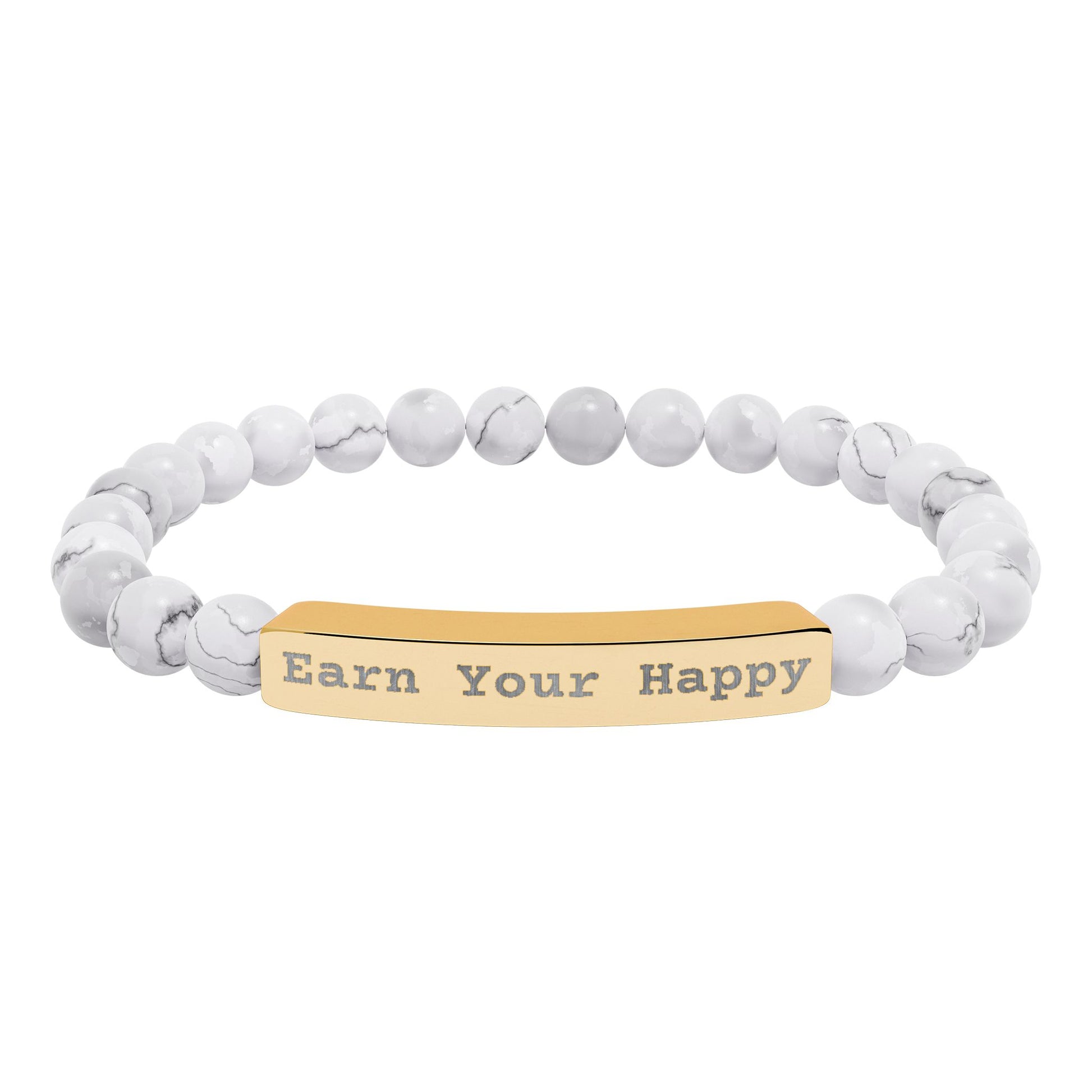 Natural stone beaded stretch bracelet with and gold bar reading 'Earn Your Happy' on a white background