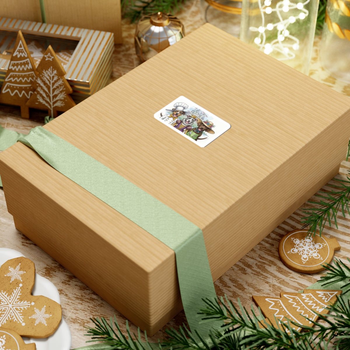 Gift box with a green ribbon and decorative label on a festive background with cookies and lights.