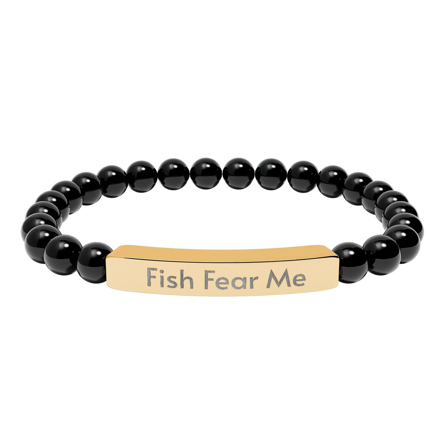 Black beaded bracelet with a gold tag reading 'Fish Fear Me' on a white background
