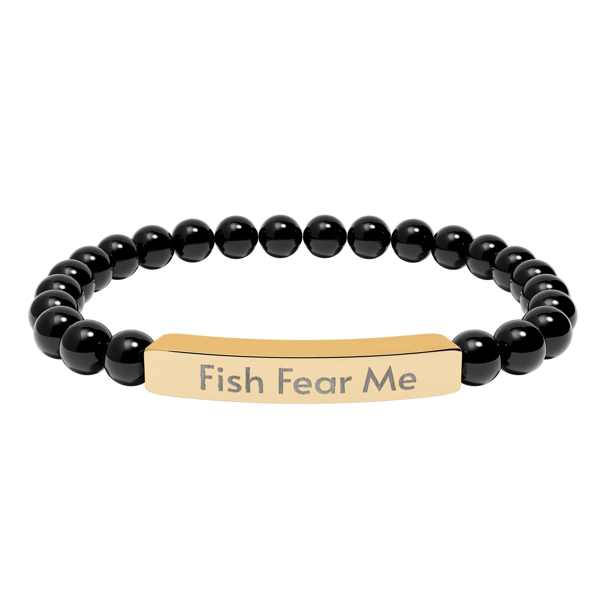 Black beaded bracelet with a gold tag reading 'Fish Fear Me' on a white background