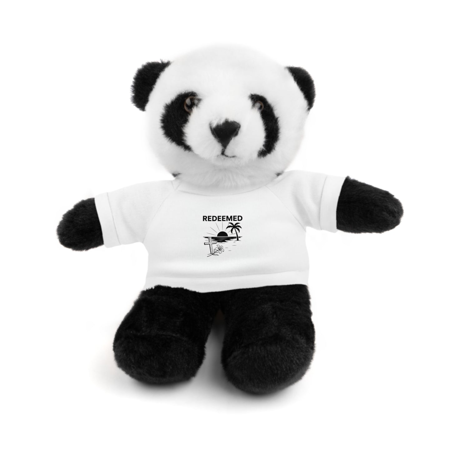 Plush panda bear wearing a white t-shirt with text and graphics on a white background